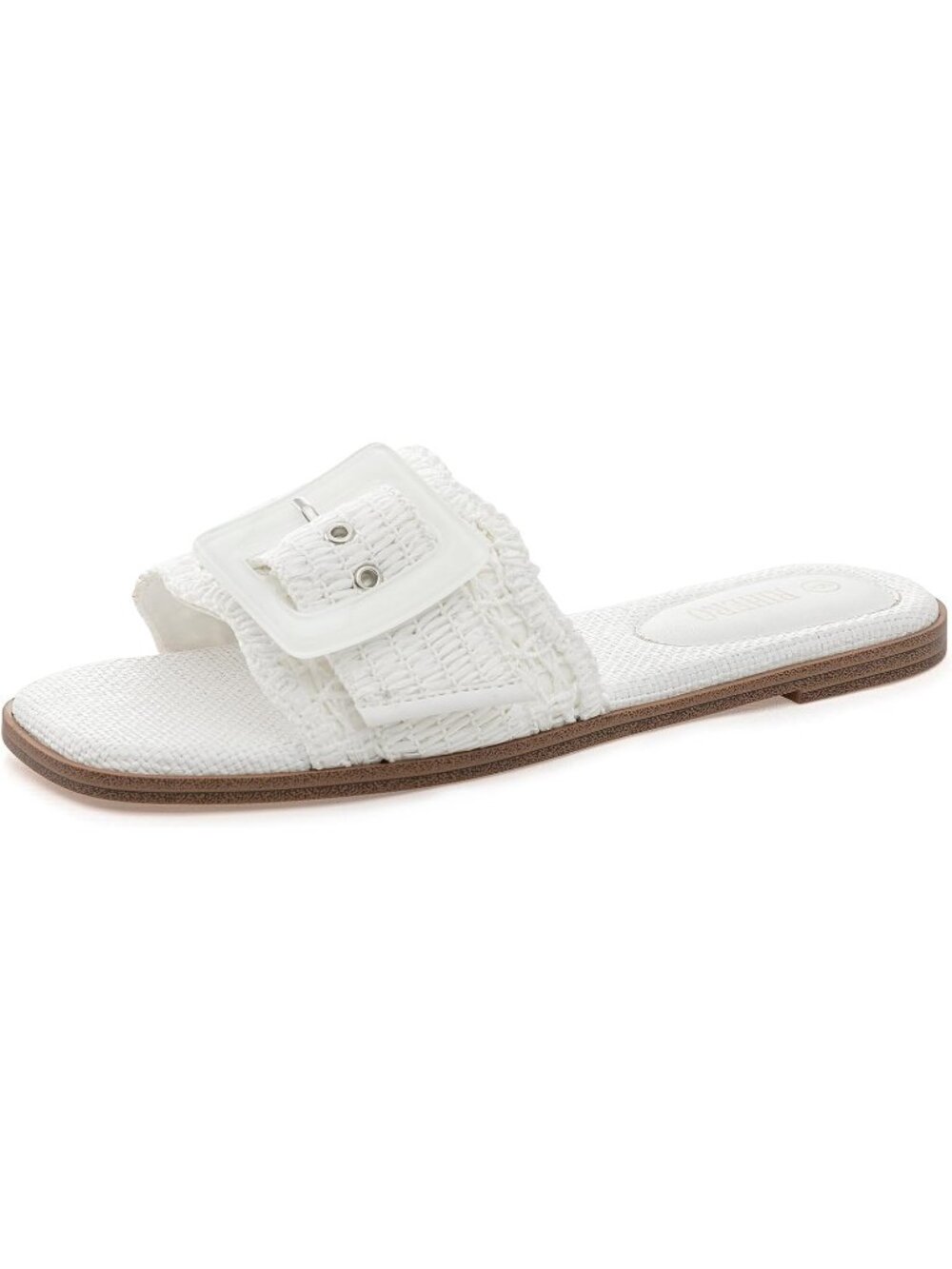 🆕Women's White Raffia Flat Sandals Square Toe Buckle Summer Beach Slides